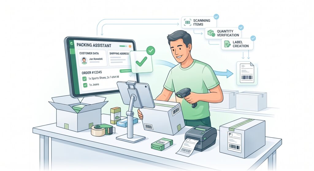 The image shows a person using the packing assistant