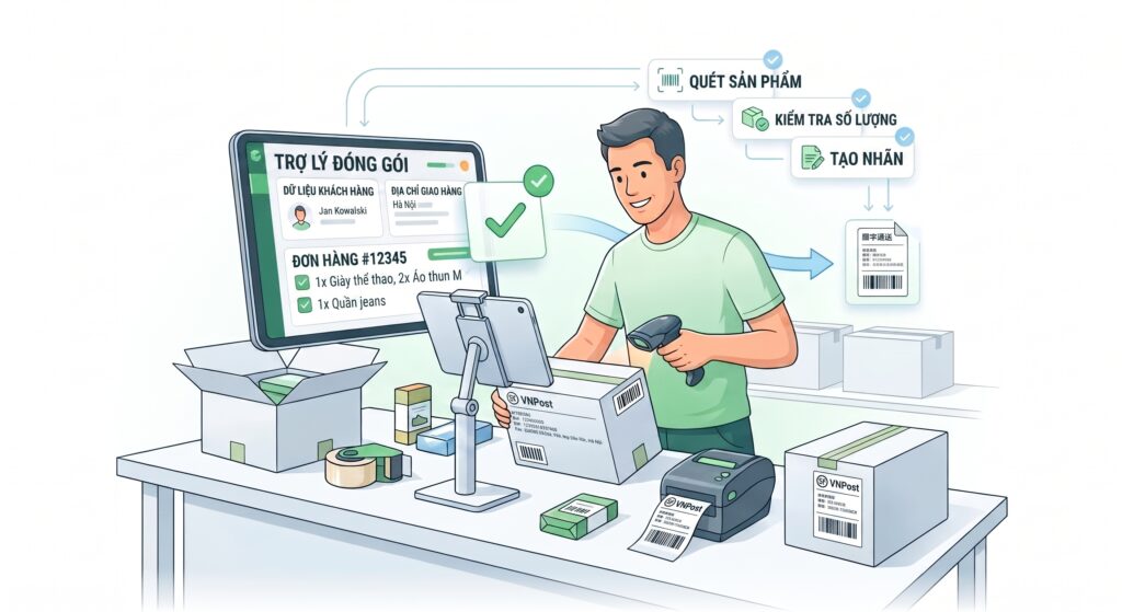 Hình ảnh hiển thị một người đang sử dụng trợ lý đóng gói
