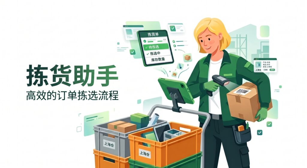 图片展示了一位正在使用拣货助手的员工