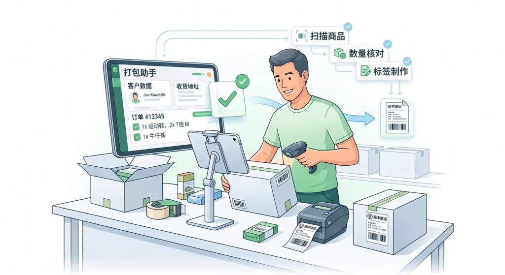 图片展示了一位正在使用打包助手的员工